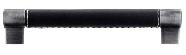 Poignée de Meuble - 160mm d'Entraxe - Fer Noir Brossé, Simili Cuir Noir (Lot de 2)